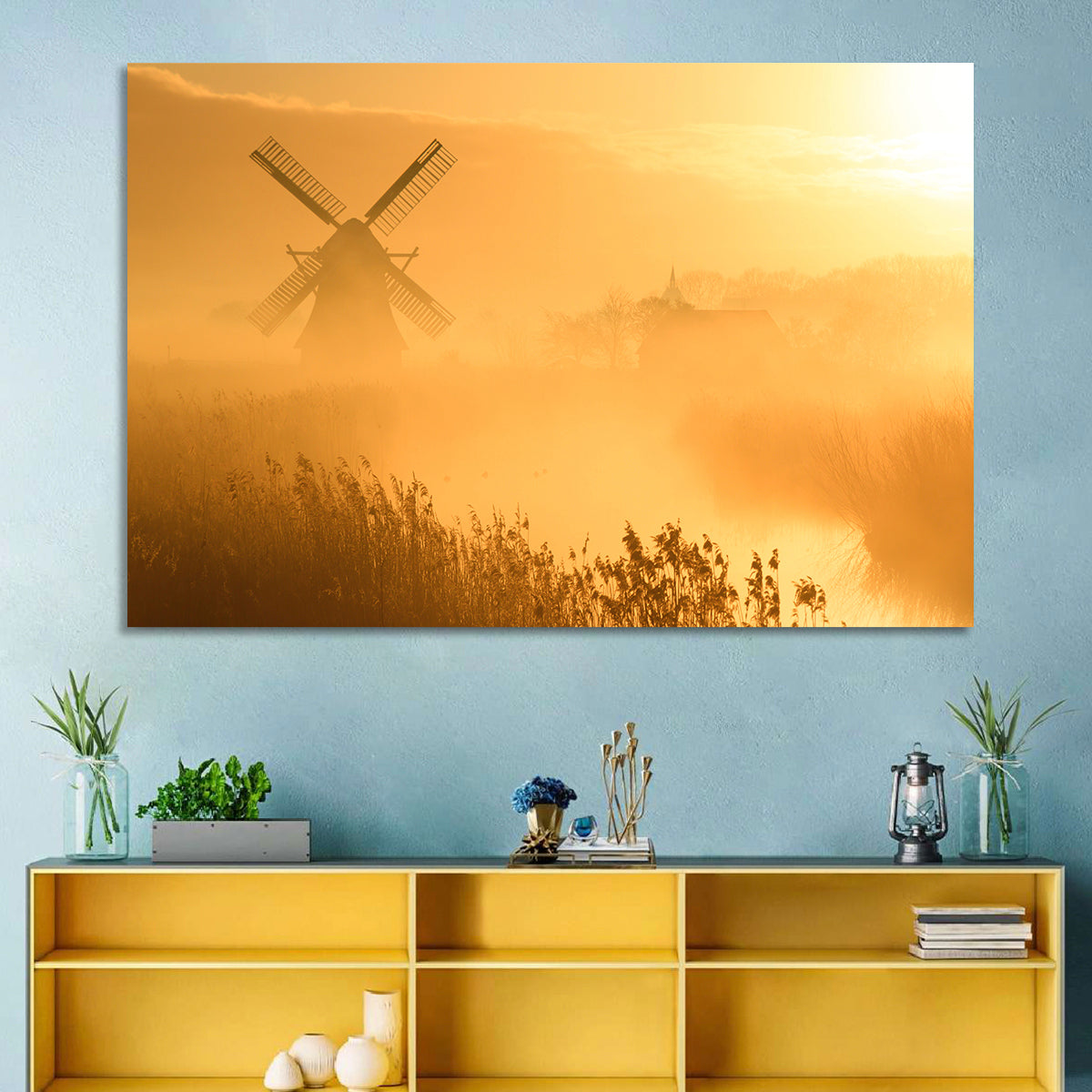 Golden Dutch Windmill Sunrise Wall Art in a room, landscape