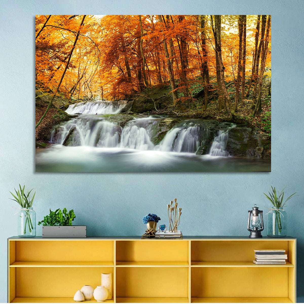 Autumn Forest Waterfall Wall Art in a room, landscape