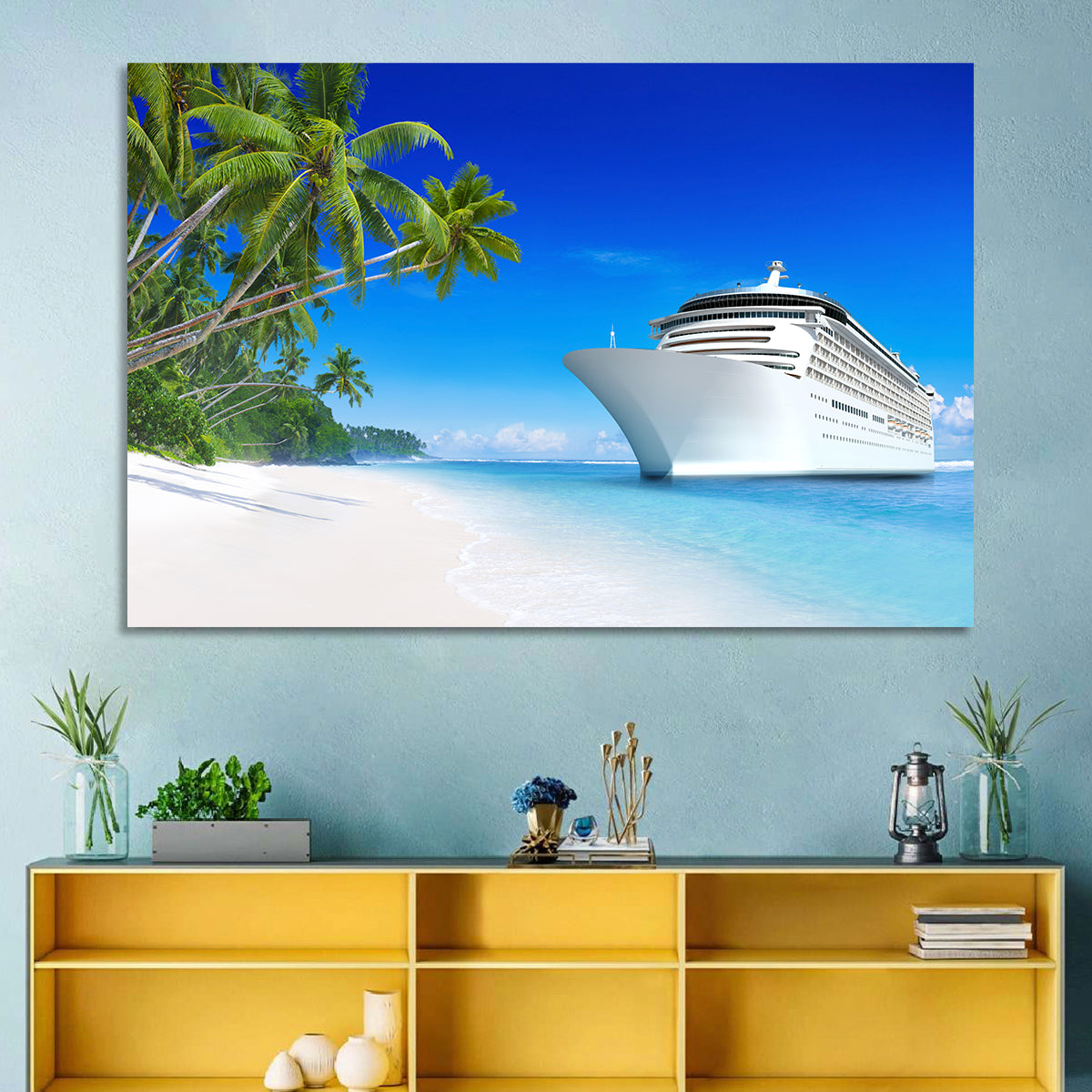 Cruise Ship Beside Tropical Beach Wall Art in a room, landscape
