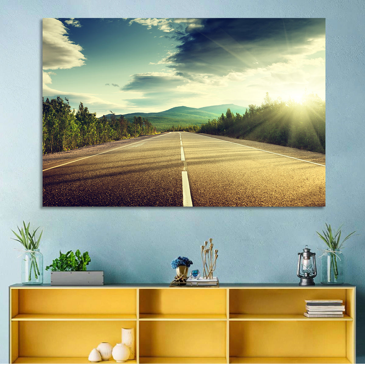 Sunlit Asphalt Road Wall Art in a room, landscape