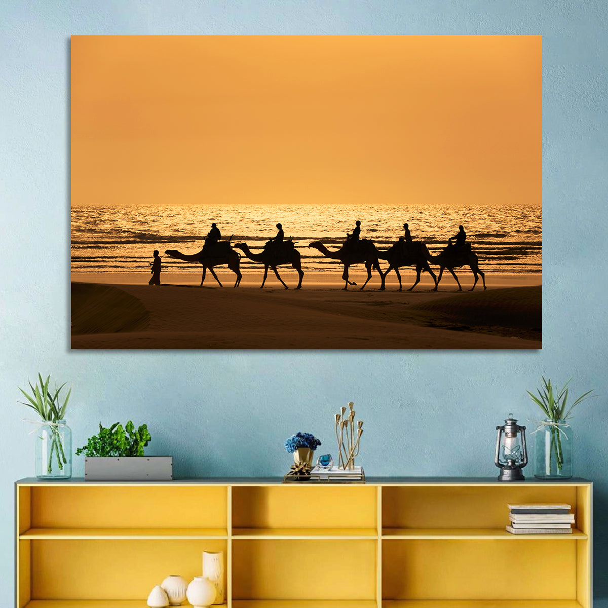 Camel Caravan Silhouette on Wet Sand Wall Art
