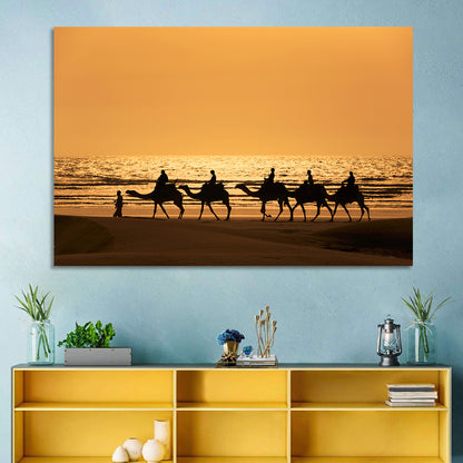 Camel Caravan Silhouette on Wet Sand Wall Art