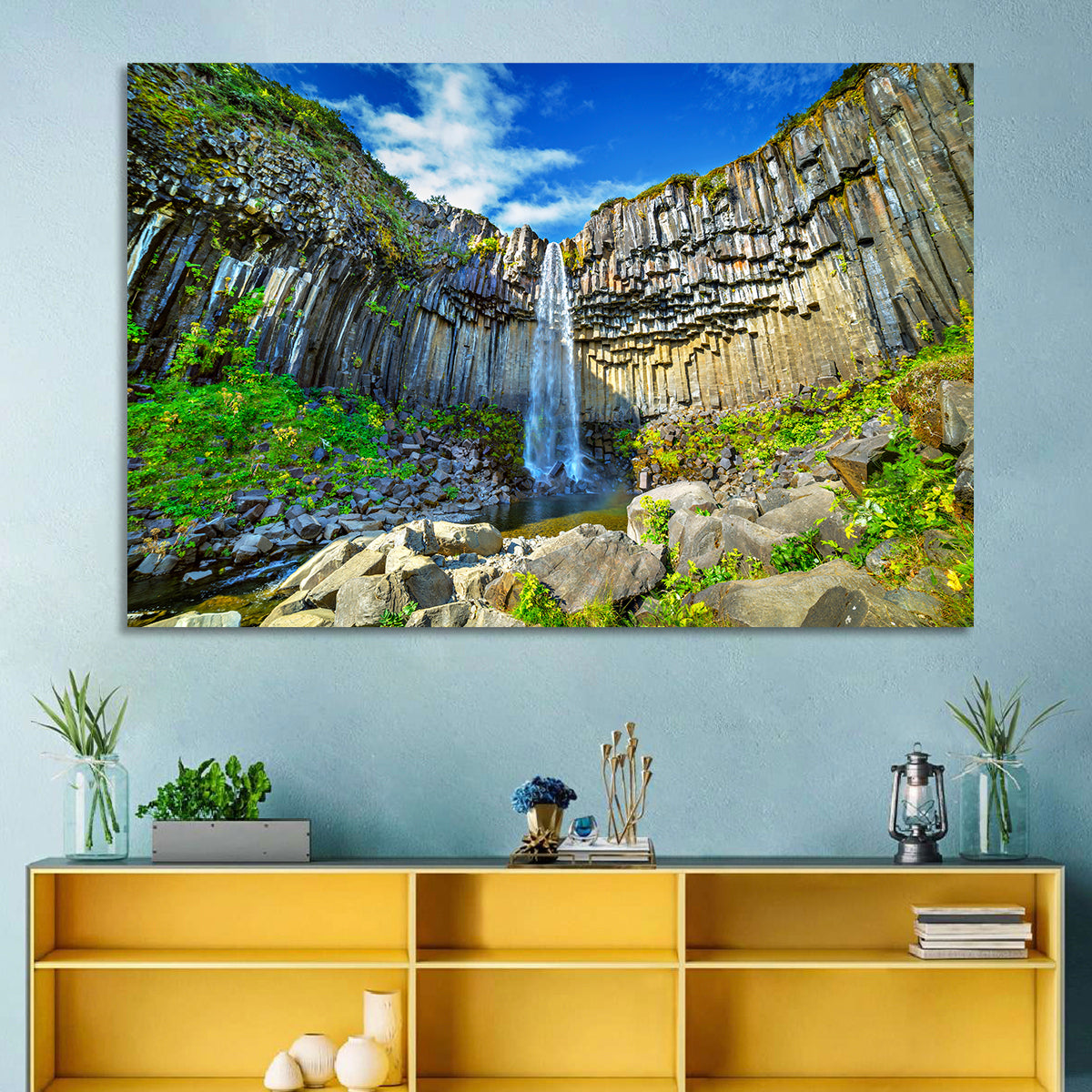 Svartifoss Basalt Falls Wall Art in a room, landscape