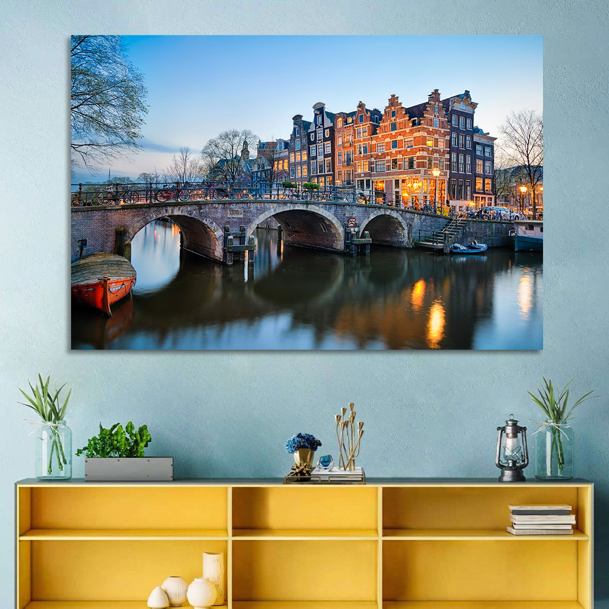 Brouwersgracht Canal Bridge at Dusk Wall Art in a room, landscape