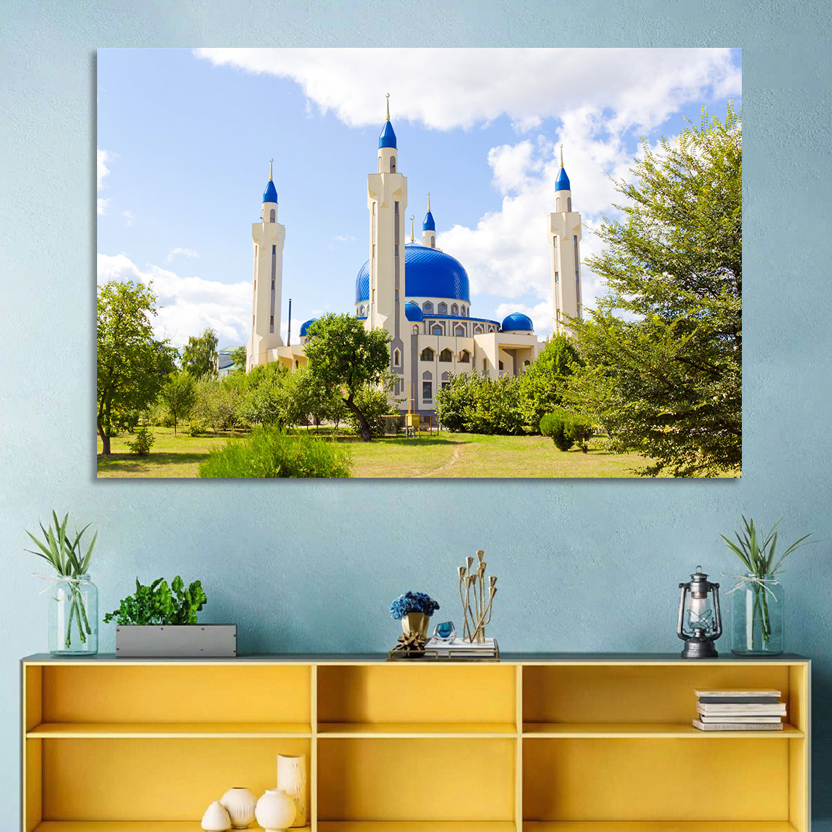 Blue Domed Mosque with Golden Minarets Wall Art in a room, landscape
