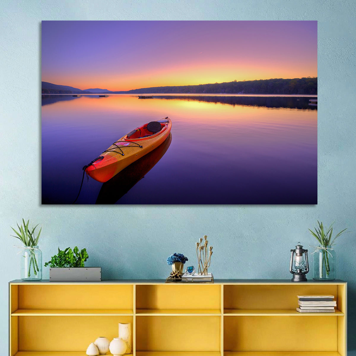 Bright Orange Kayak at Sunset Wall Art in a room, landscape