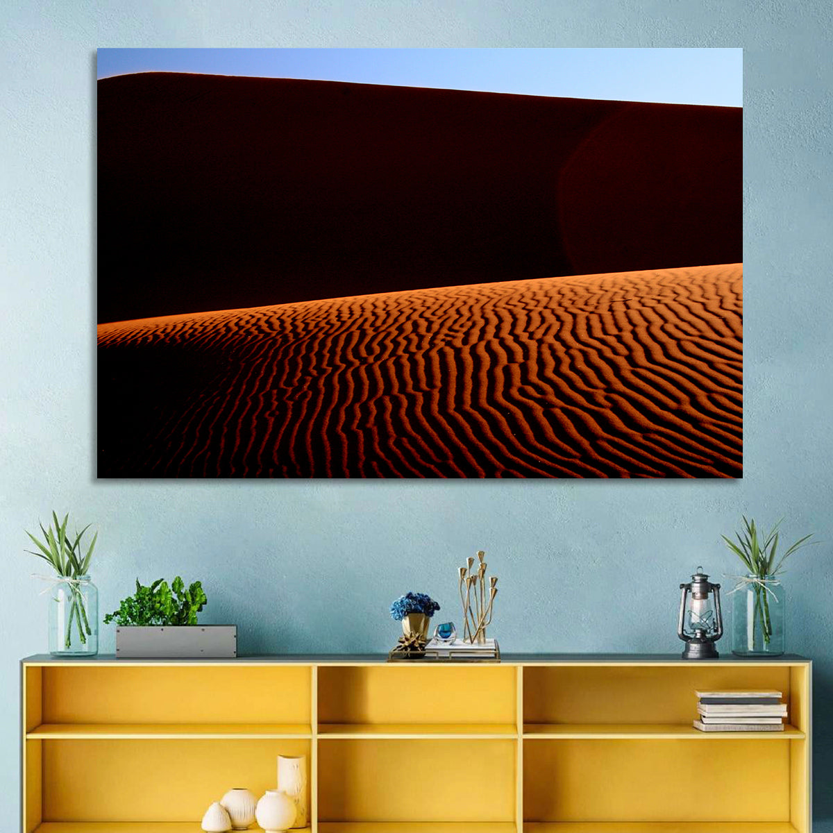 Golden Hour Sand Dunes Wall Art in a room, landscape