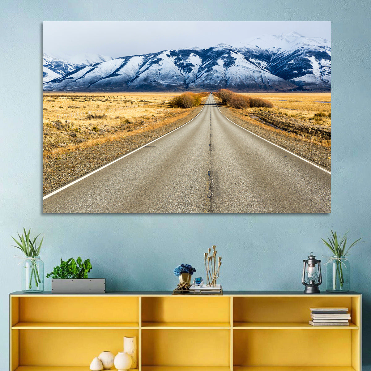 El Calafate Road with Snow Peaks Wall Art in a room, landscape