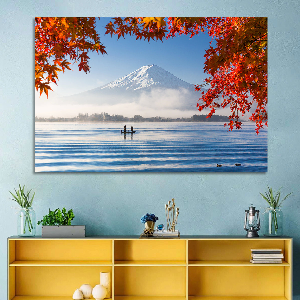 Mount Fuji Over Lake Kawaguchiko Wall Art in a room, landscape