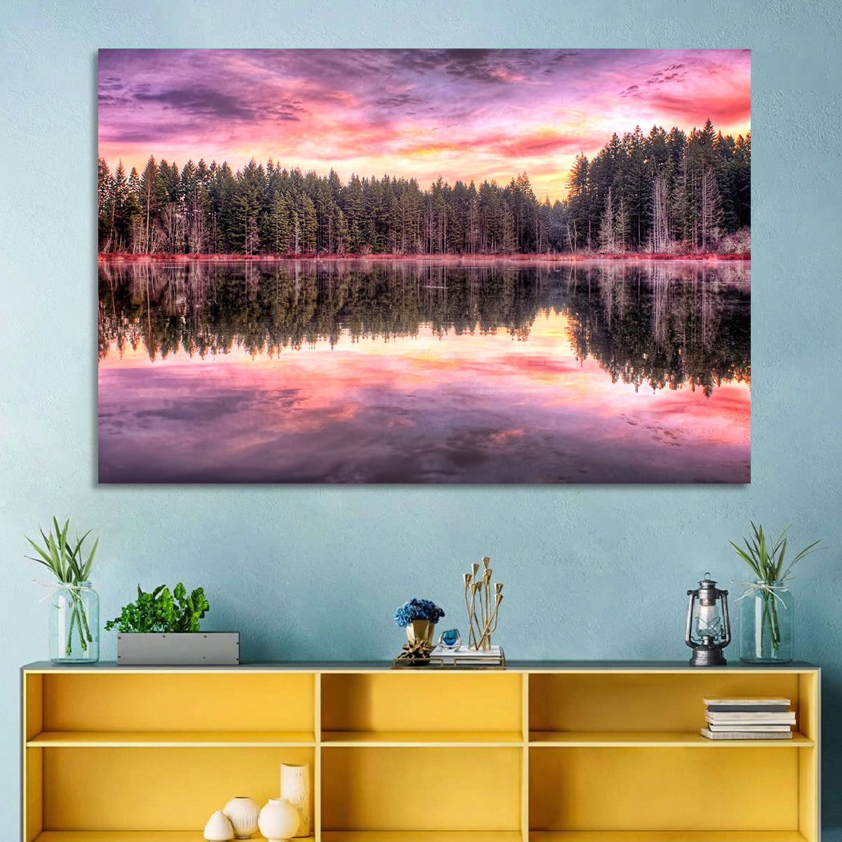 Sunrise Reflection at Forest Lake Wall Art in a room, landscape