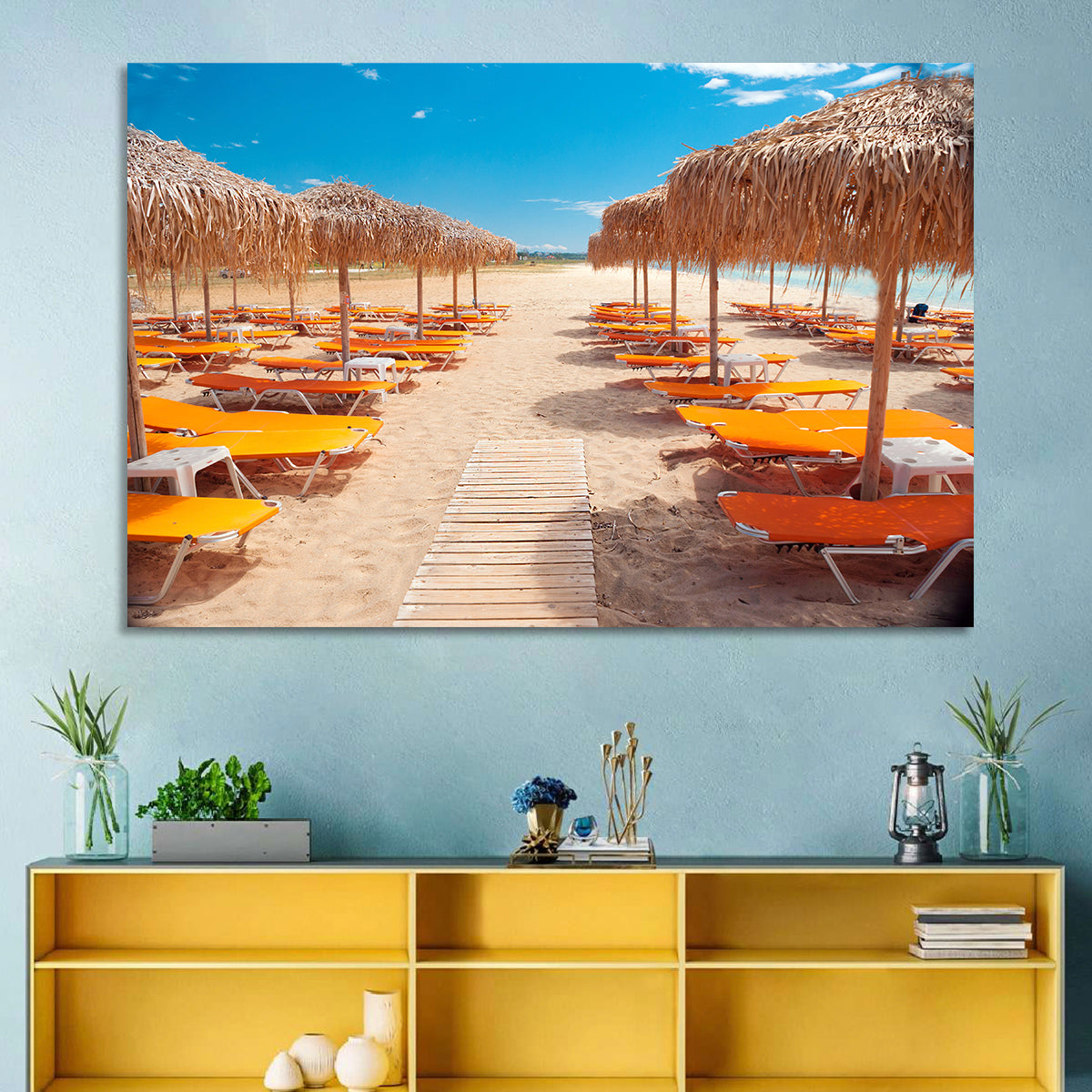 Beach Boardwalk with Orange Loungers Wall Art in a room, landscape
