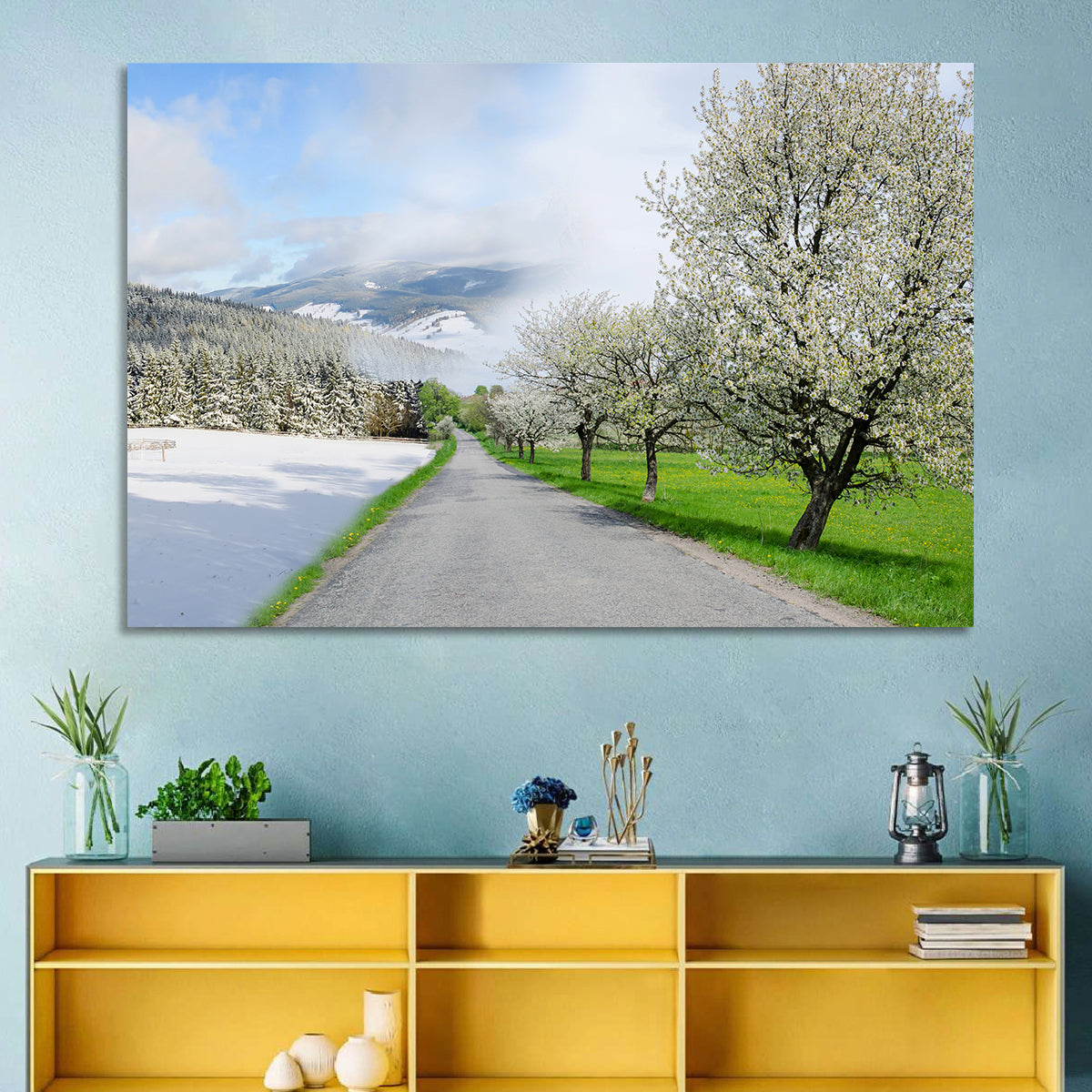 Season Change Road to Snowy Mountain Wall Art in a room, landscape