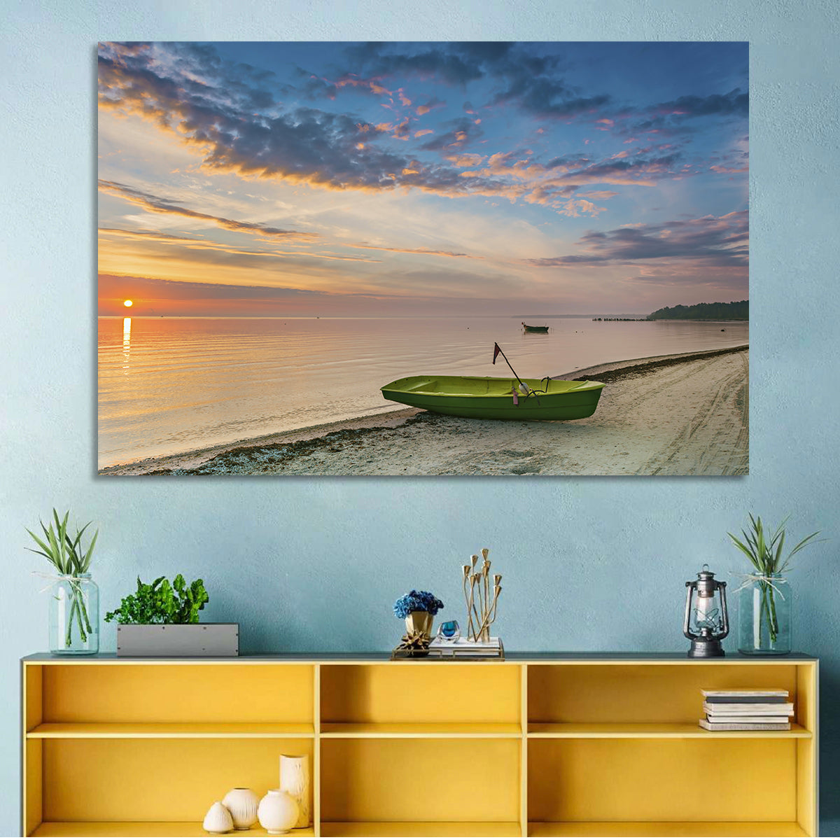 Green Rowboat at Sunrise Wall Art in a room, landscape