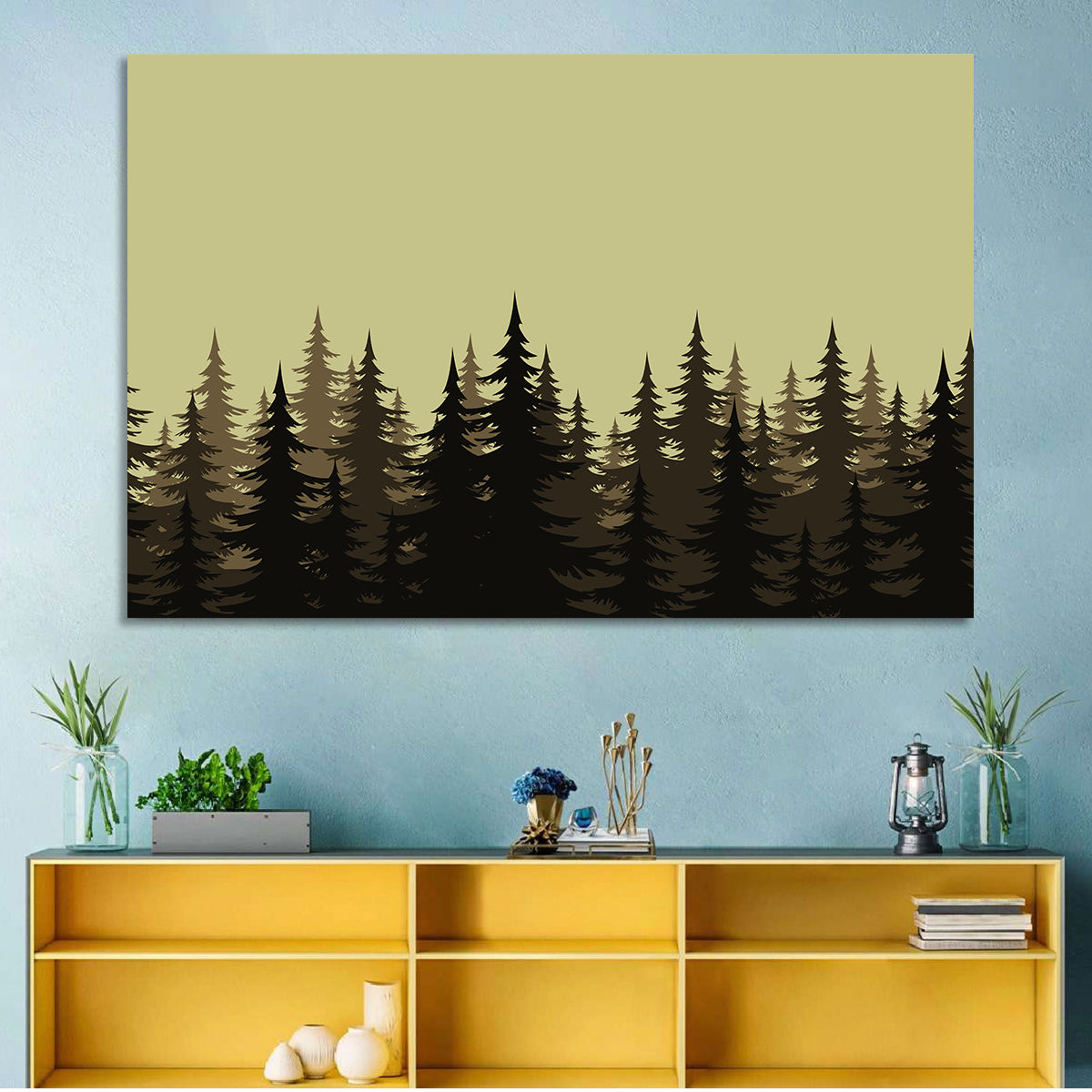 Fir Tree Silhouettes Wall Art in a room, landscape