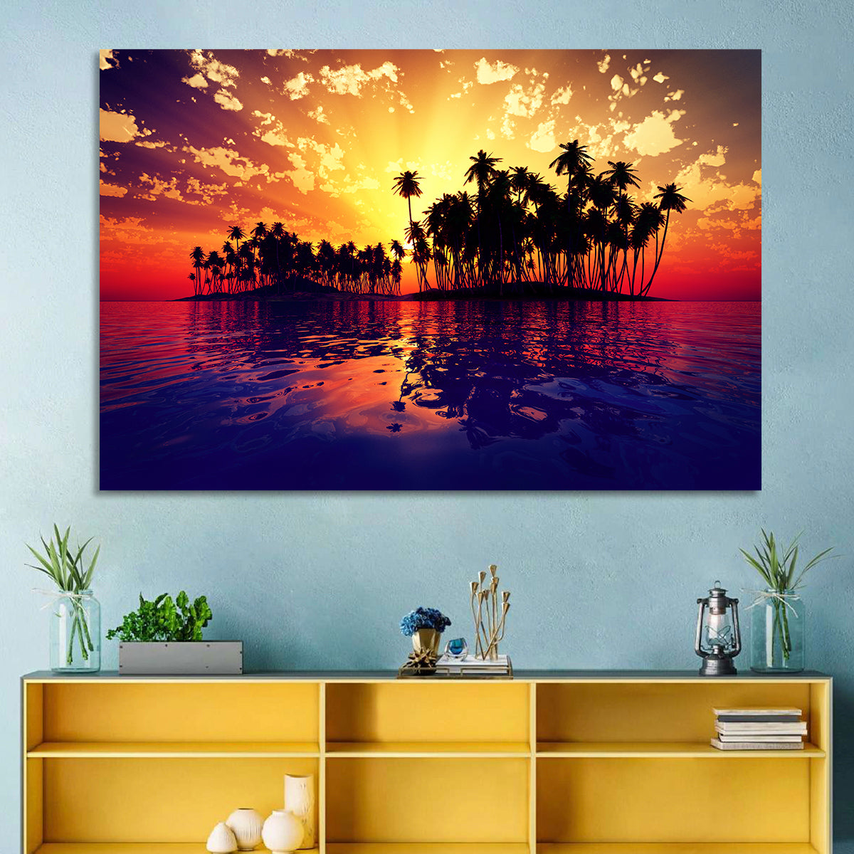 Coconut Island Sunset Wall Art in a room, landscape