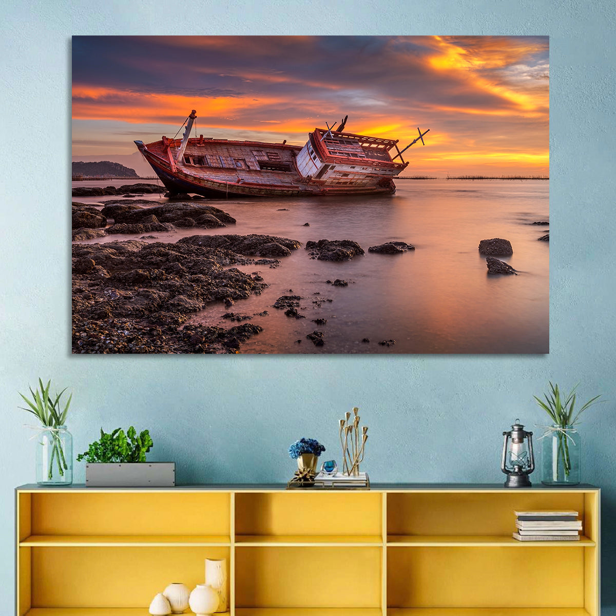 Shipwreck at Sunset Wall Art in a room, landscape
