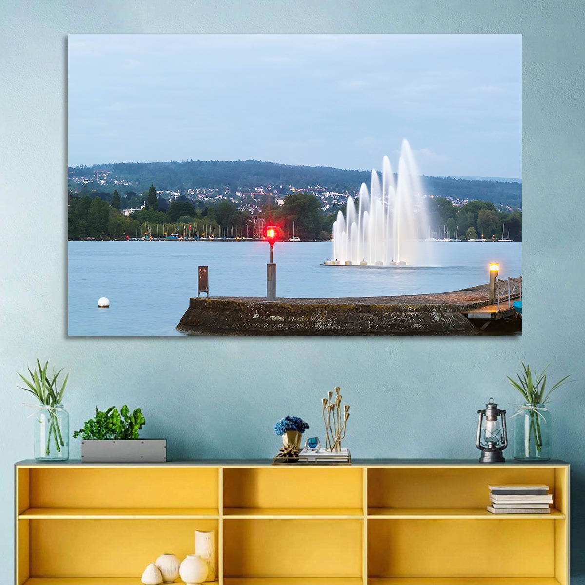 Lake Zurich Fountain at Dusk Wall Art