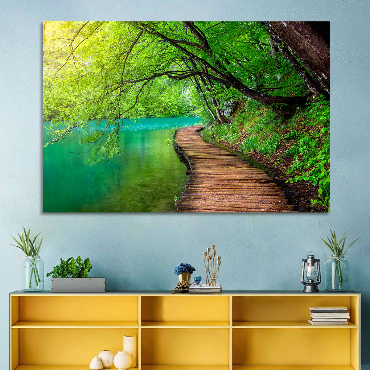 Plitvice Lakes Boardwalk Wall Art in a room, landscape