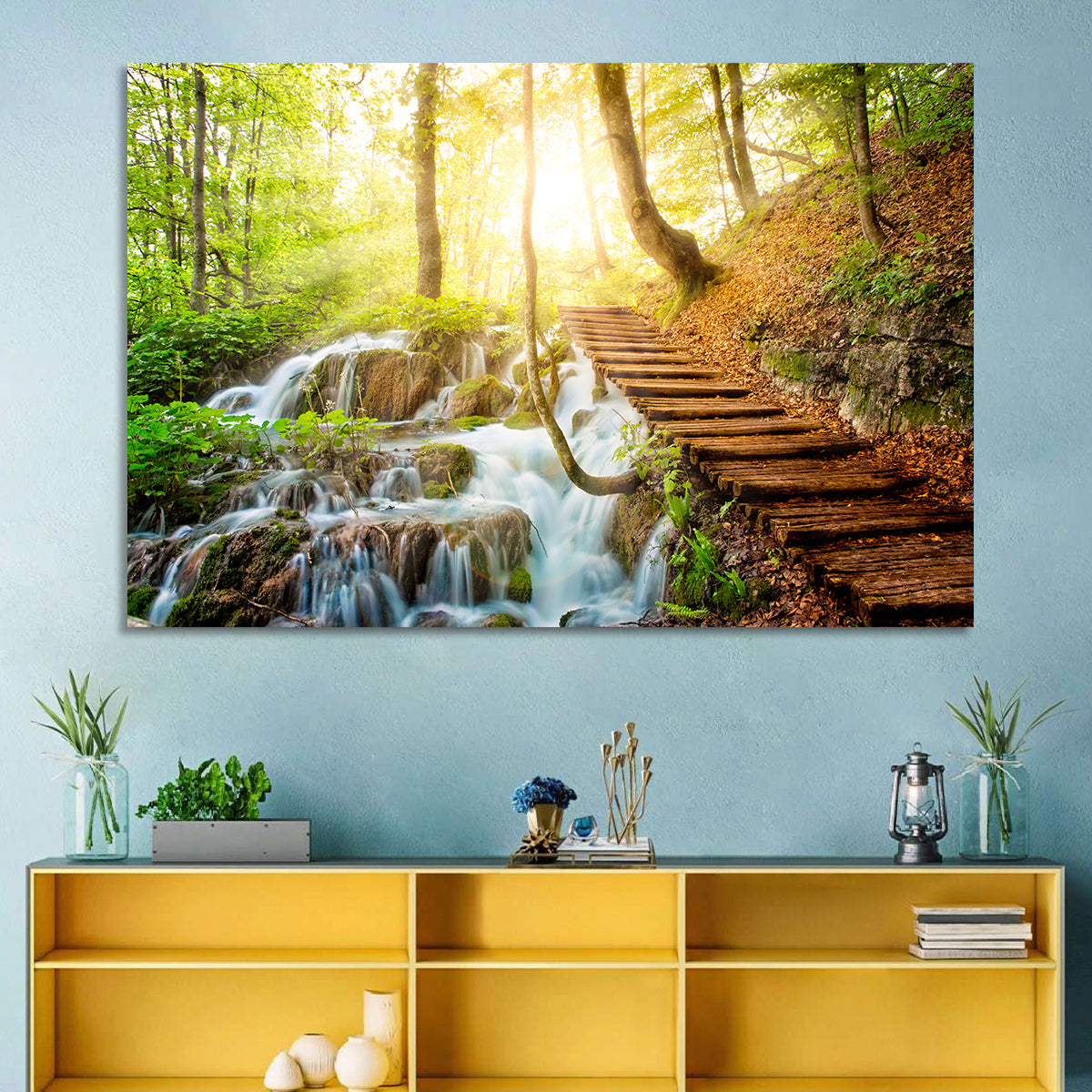 Plitvice Lakes Walkway Wall Art in a room, landscape