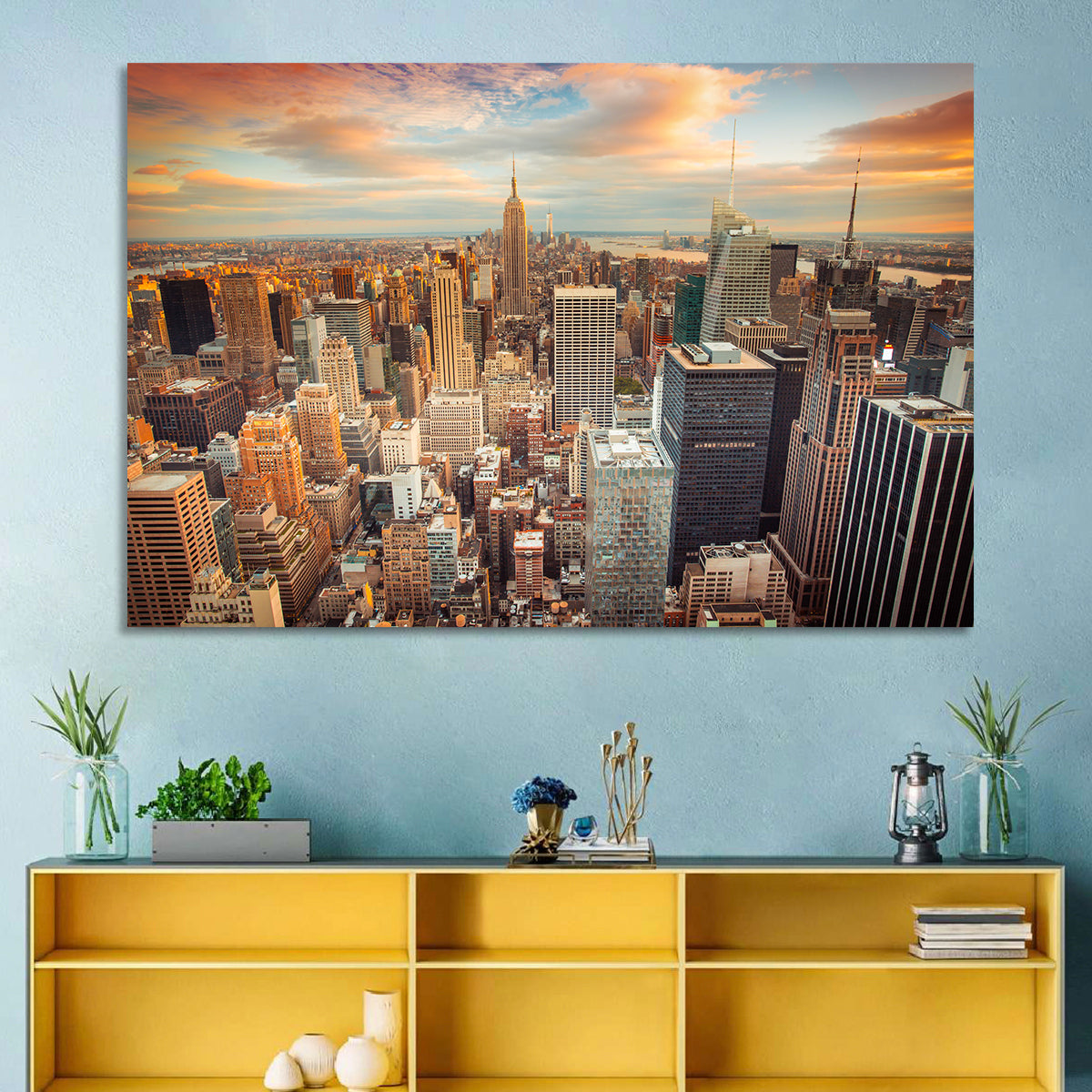 Midtown Manhattan Skyline at Sunset Wall Art in a room, landscape