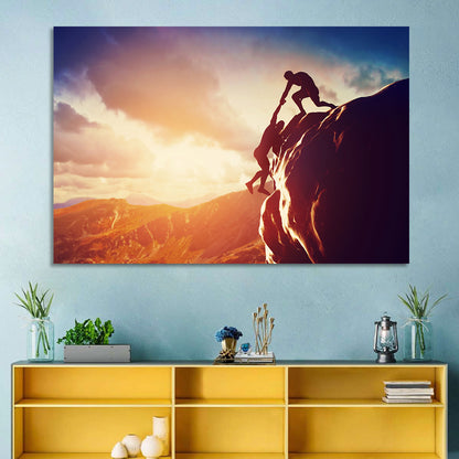 Two Hikers Summit Assist at Sunset Wall Art