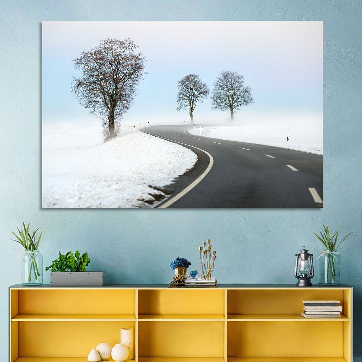Foggy Winter Road Wall Art in a room, landscape