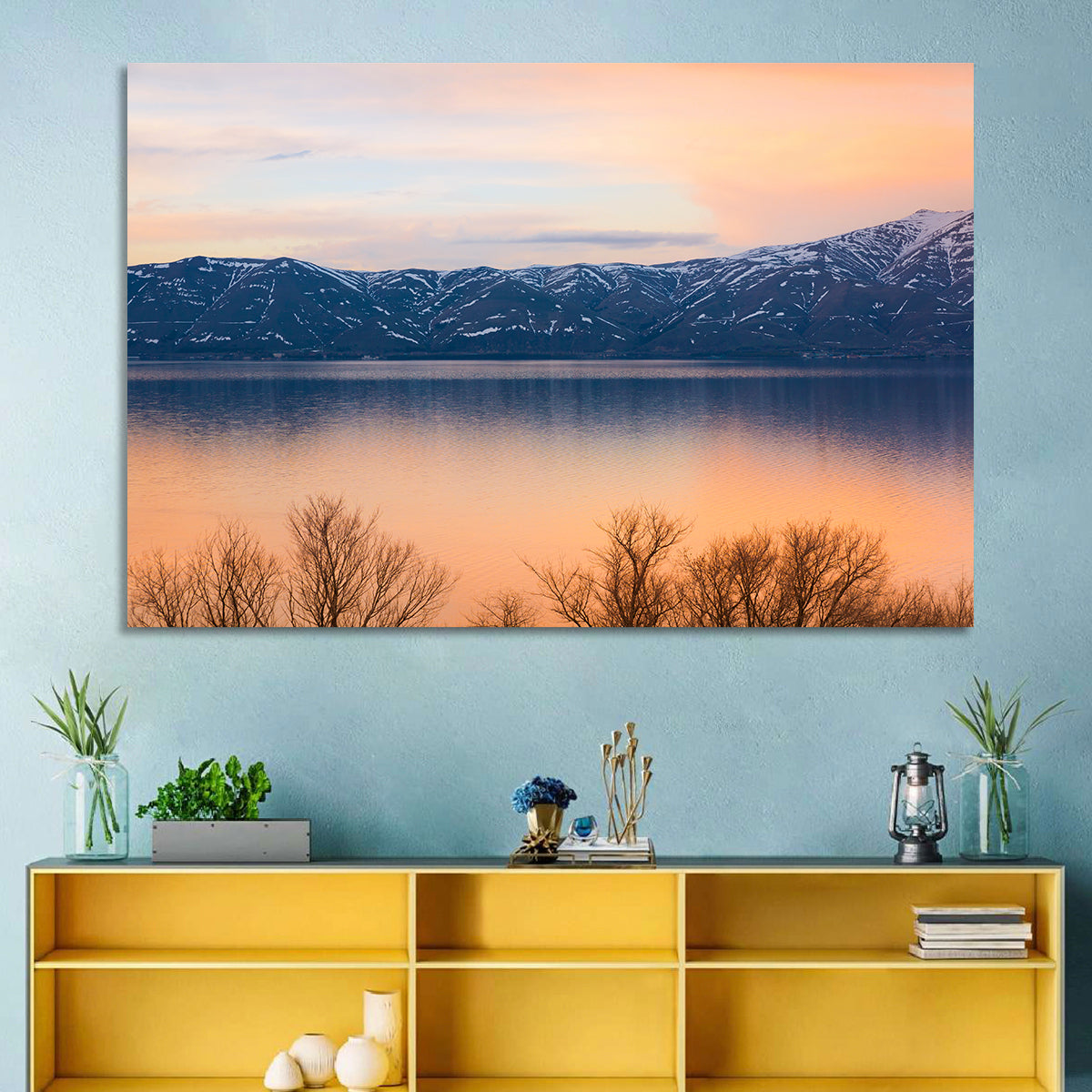 Lake Sevan Golden Dusk Wall Art in a room, landscape