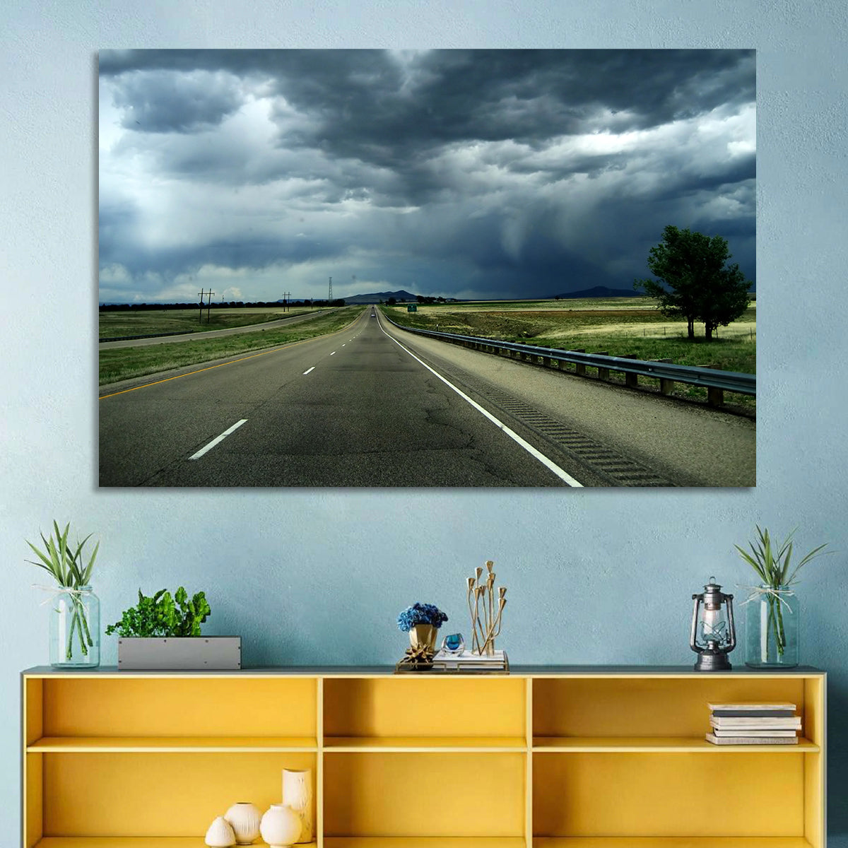Stormy New Mexico Highway Wall Art in a room, landscape