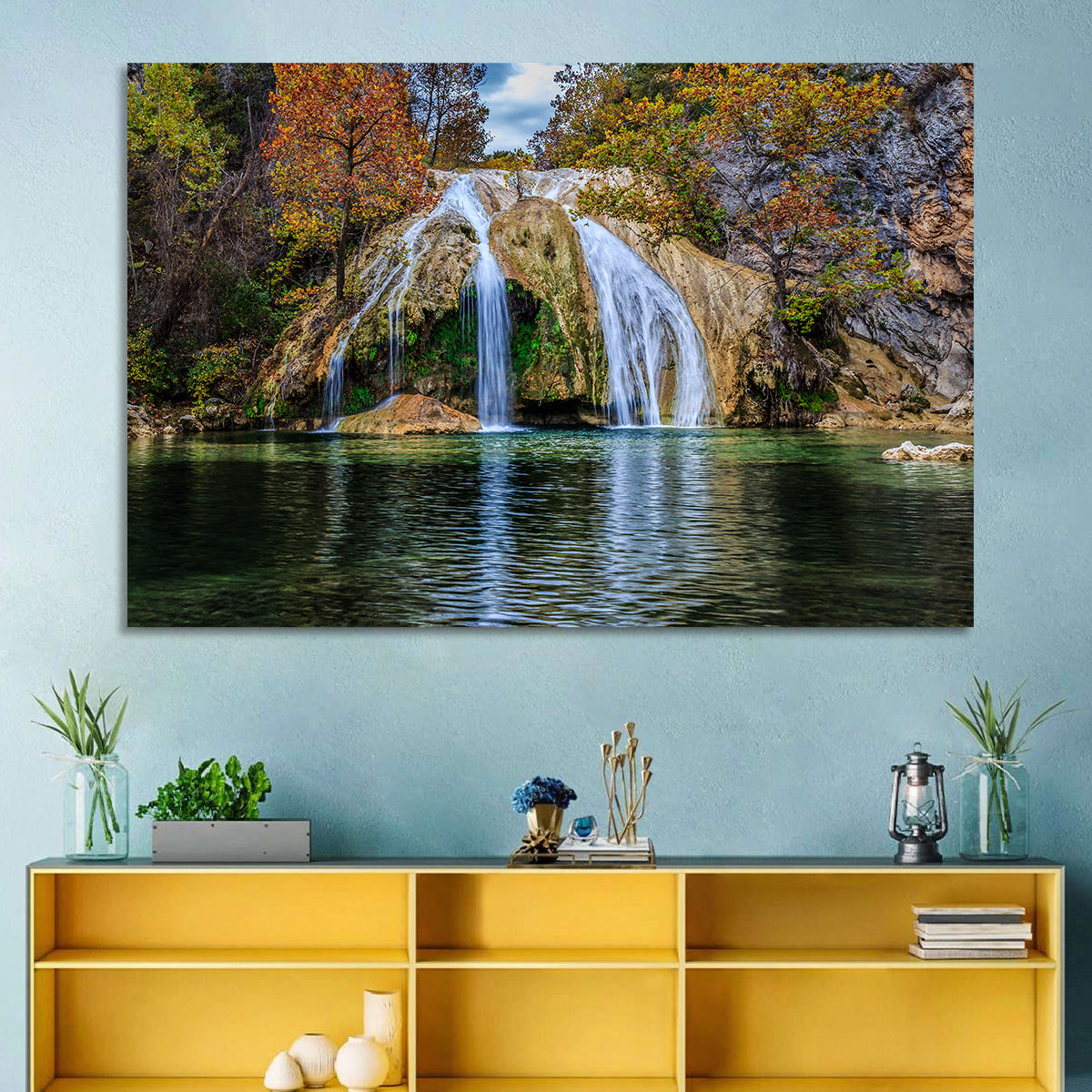 Turner Falls Waterfall Wall Art in a room, landscape