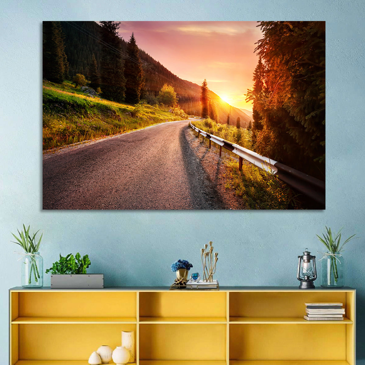 Golden Hour Mountain Road Wall Art in a room, landscape