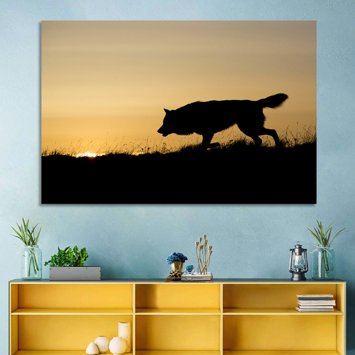 Wolf at Golden Horizon Wall Art in a room, landscape