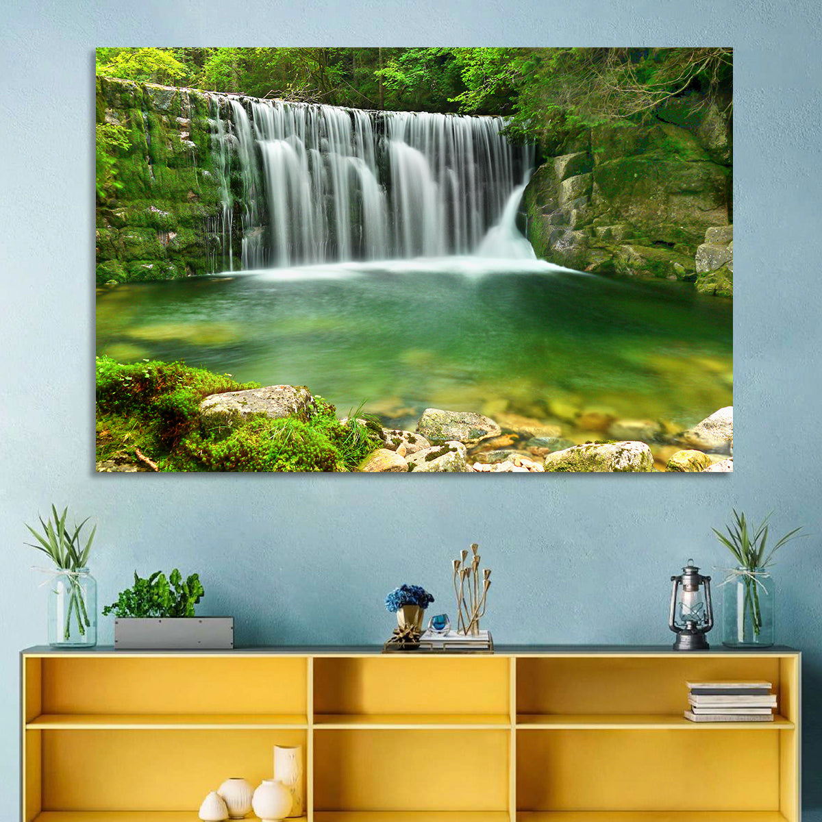 Emerald Lake Cascade Wall Art in a room, landscape