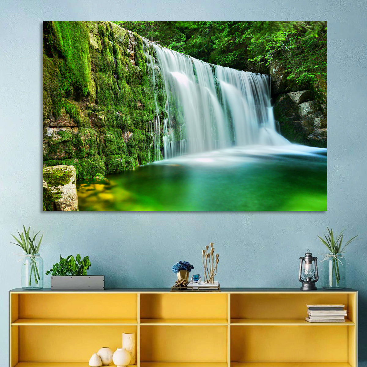 Emerald Lake Cascade Wall Art in a room, landscape