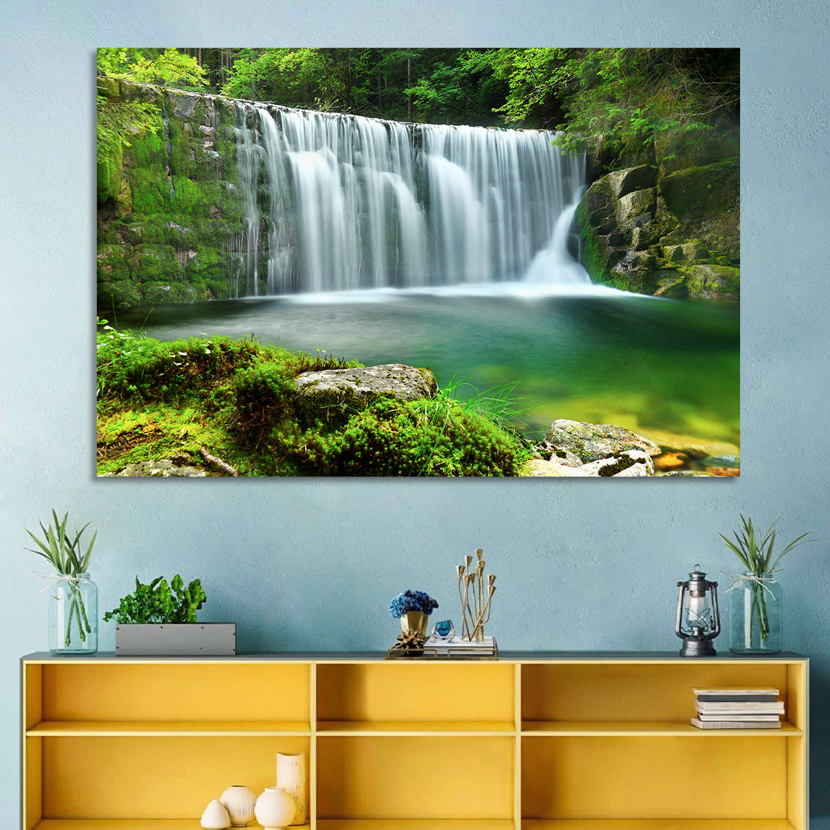 Emerald Forest Waterfall with Mossy Stones Wall Art