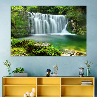 Emerald Forest Waterfall with Mossy Stones Wall Art
