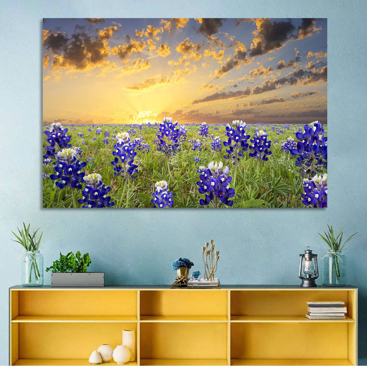 Bluebonnet Field at Sunset Wall Art in a room, landscape