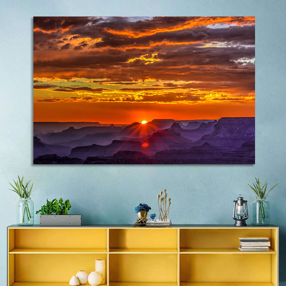 Lipan Point Sunset Sunburst Wall Art in a room, landscape