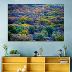 Autumn Canopy Forest with Cabin Roof Wall Art