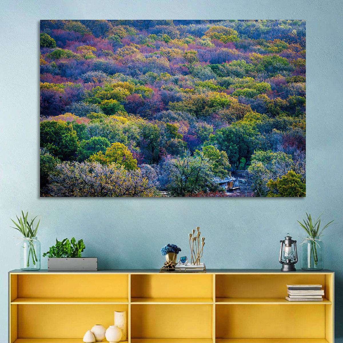 Autumn Canopy Forest with Cabin Roof Wall Art