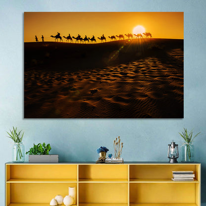 Camel Caravan Silhouette at Golden Sunset Wall Art