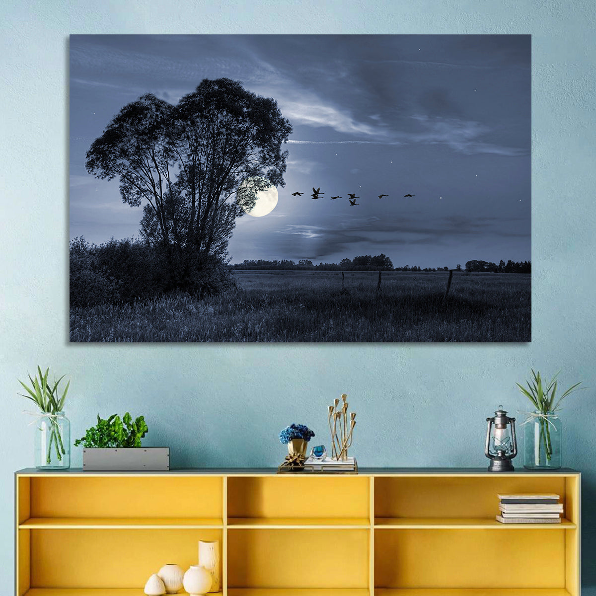 Moonlit Birds Over Quiet Field Wall Art in a room, landscape