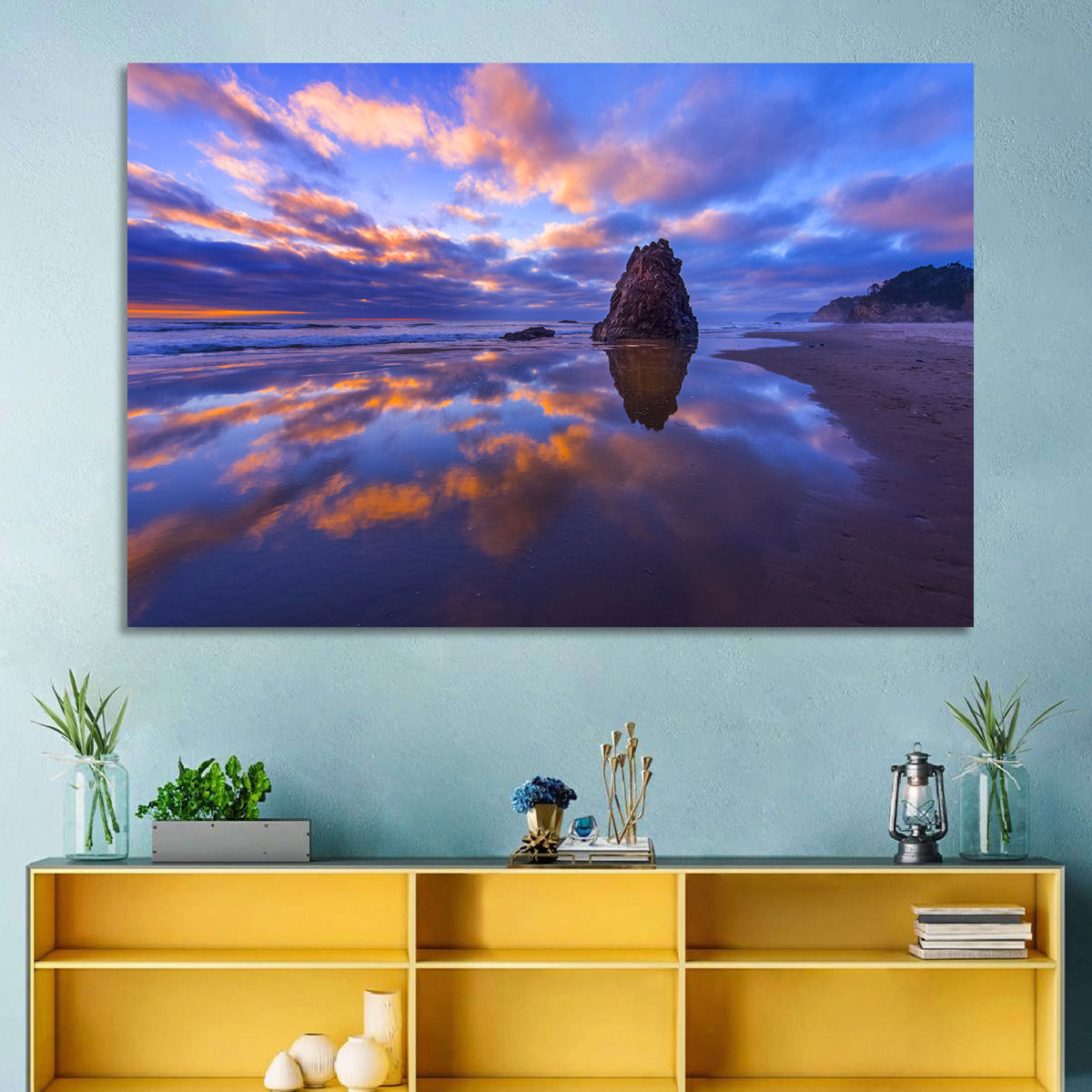Oregon Coast Sea Stack Sunset Wall Art in a room, landscape