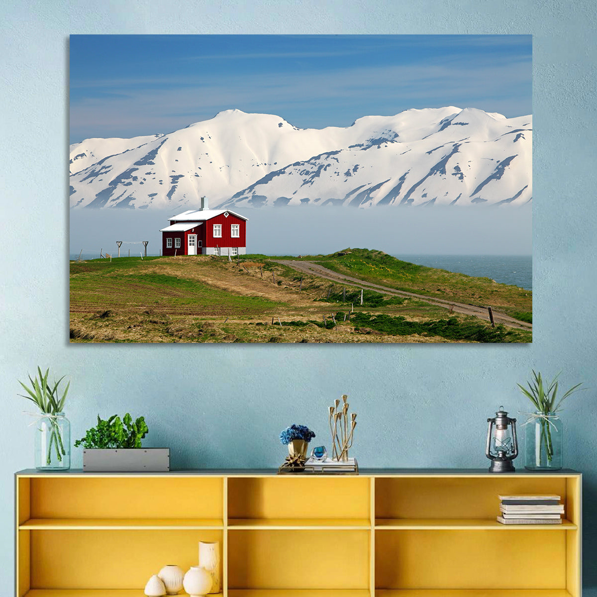 Red House by Fjord Wall Art in a room, landscape