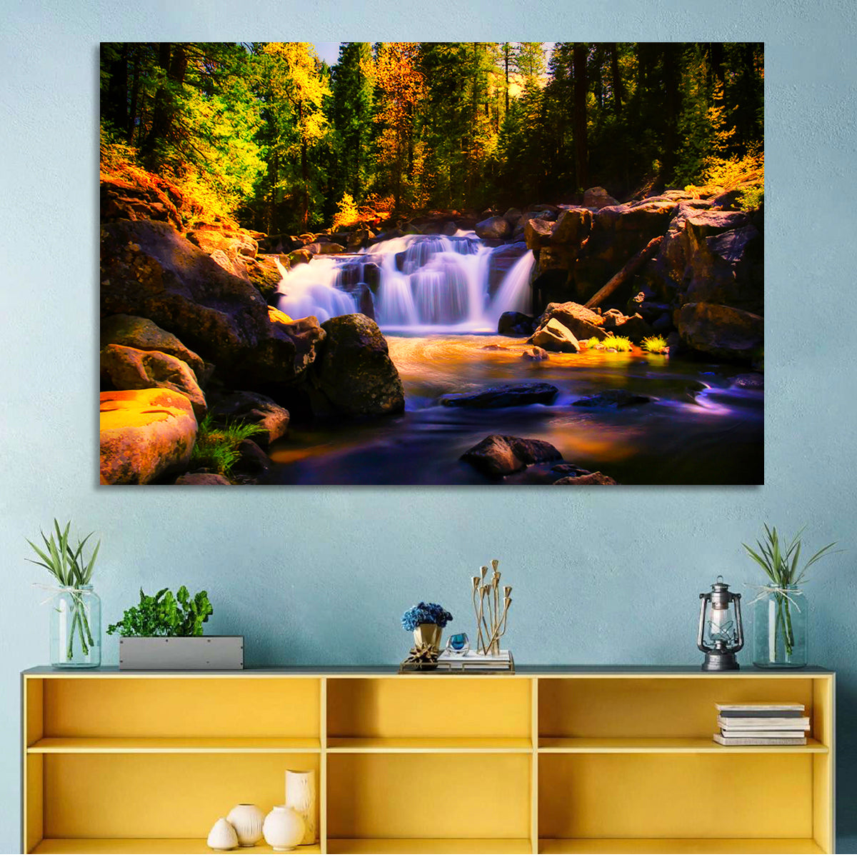 Autumn Mountain Waterfall Wall Art in a room, landscape