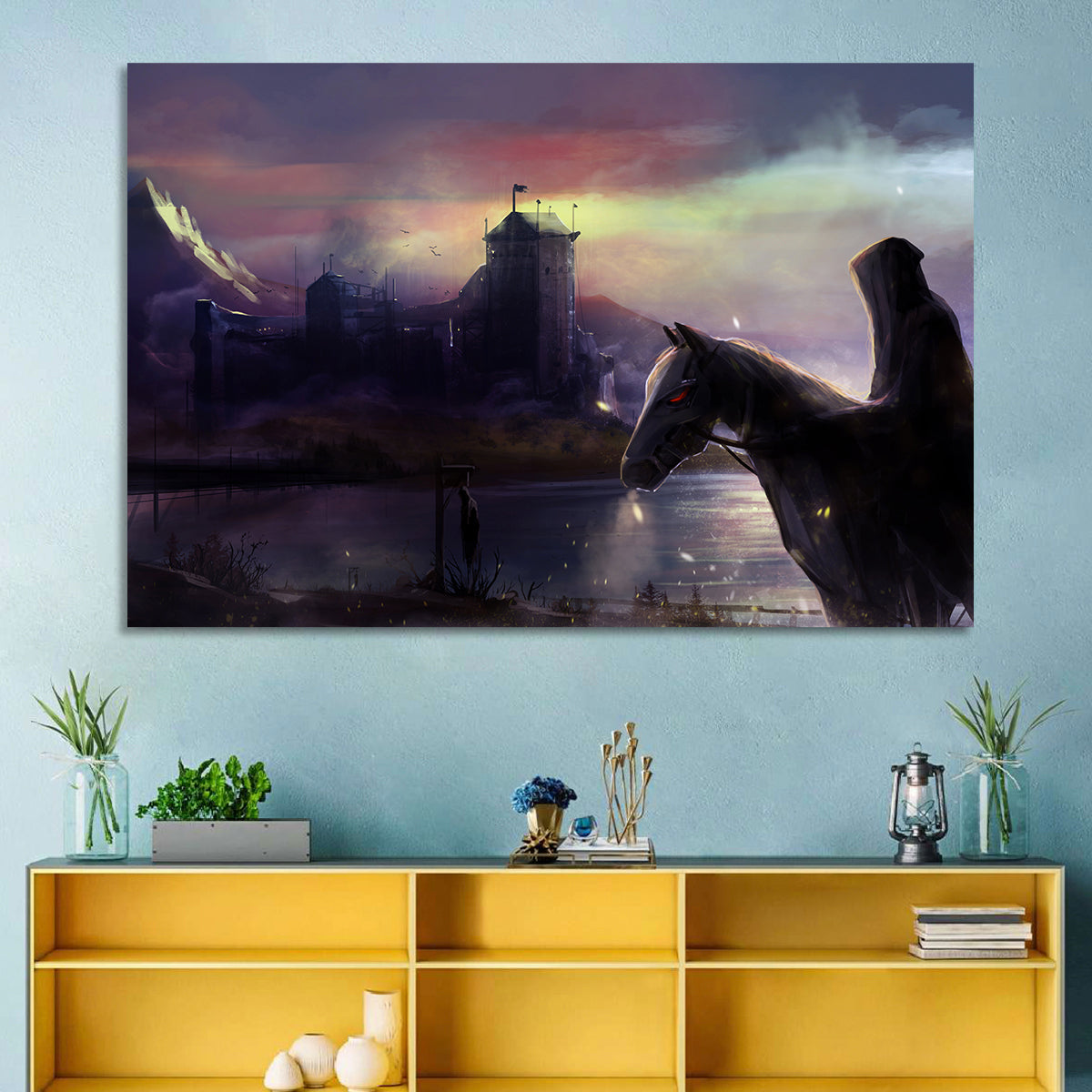 Horseman at Dusk by Misty Castle Wall Art