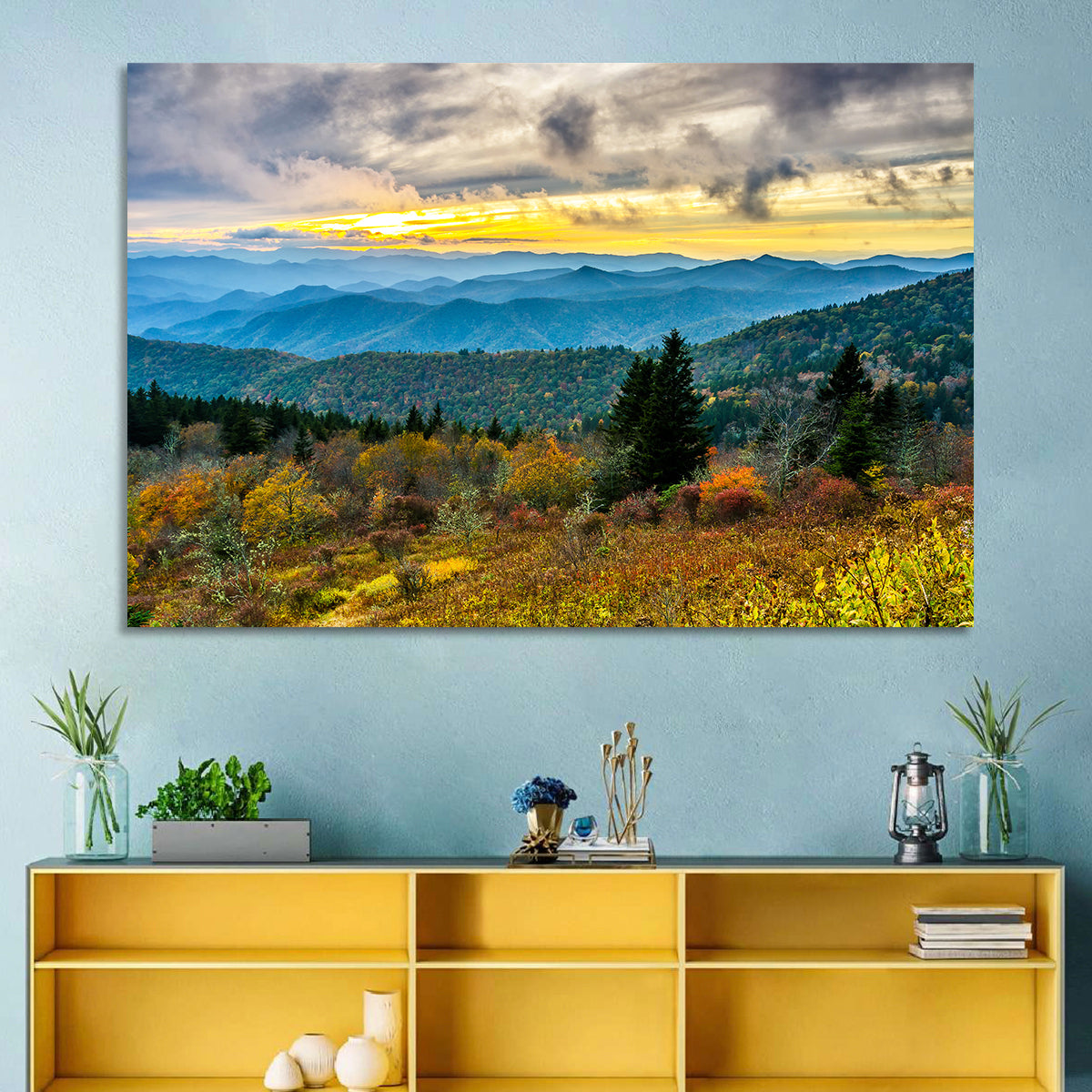 Cowee Mountains Sunset Wall Art in a room, landscape