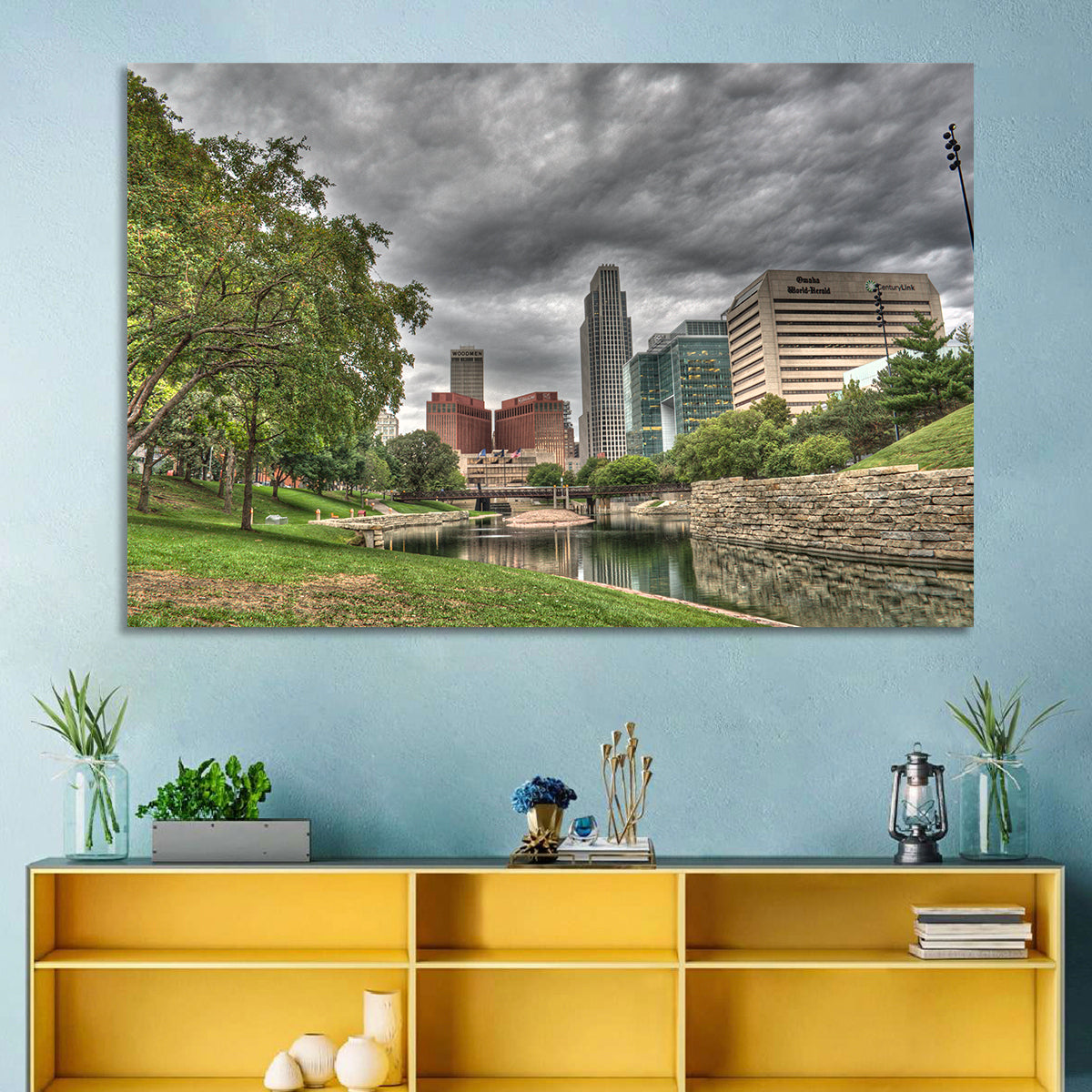 Omaha Skyline at Gene Leahy Mall Wall Art in a room, landscape
