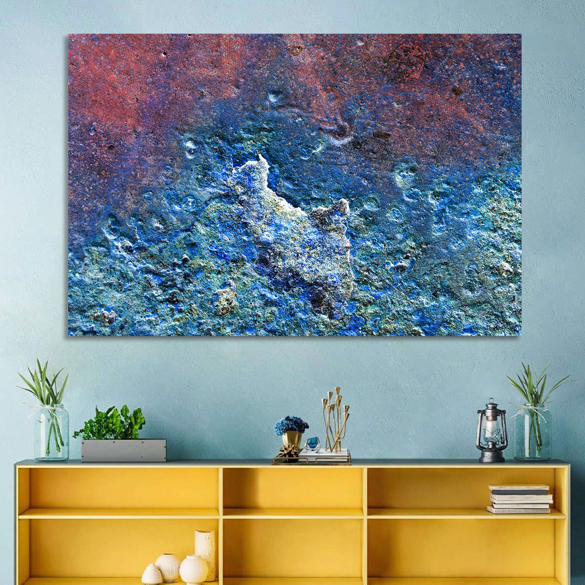 Weathered Metal Abstract Wall Art in a room, landscape