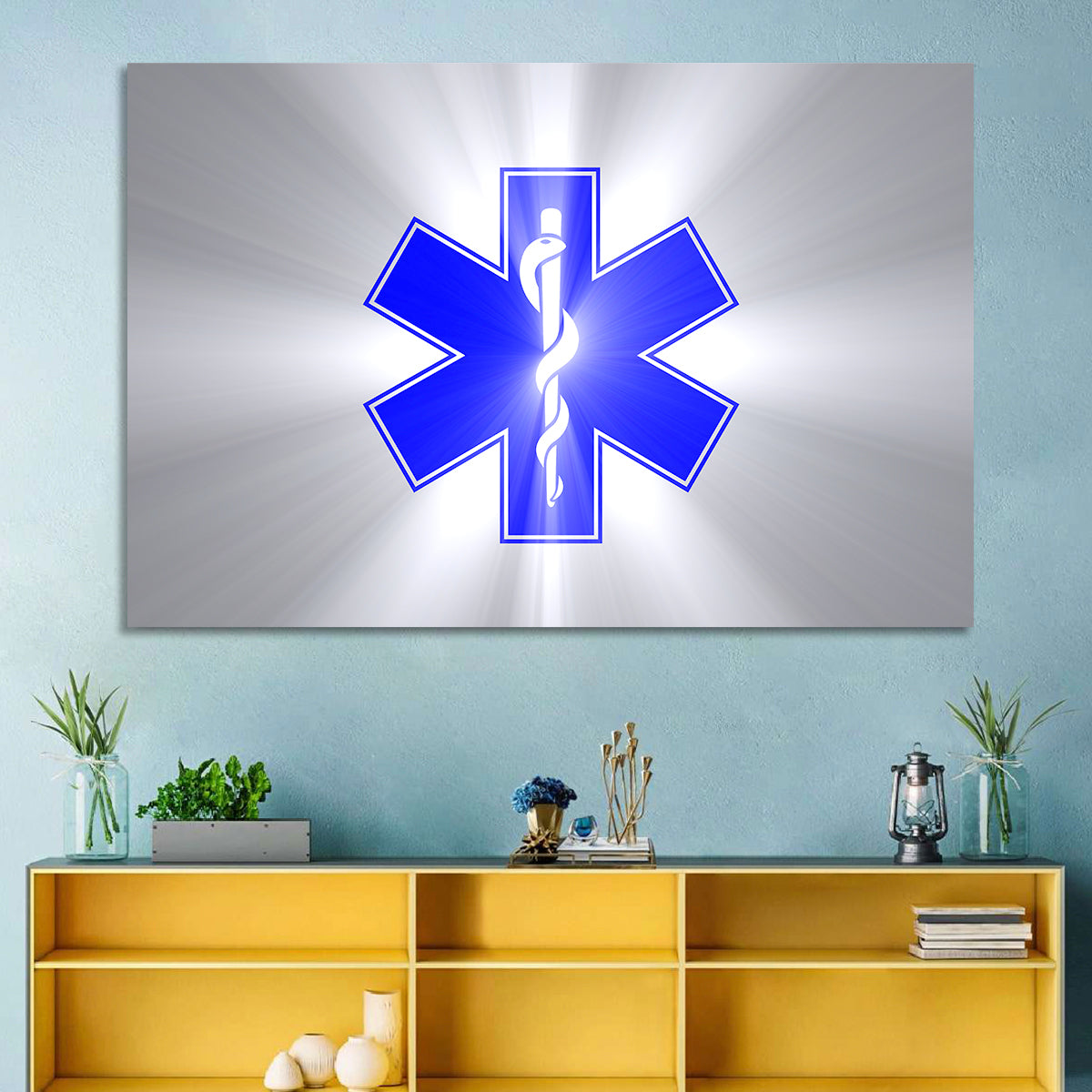 Star of Life with Rod of Asclepius Wall Art in a room, landscape