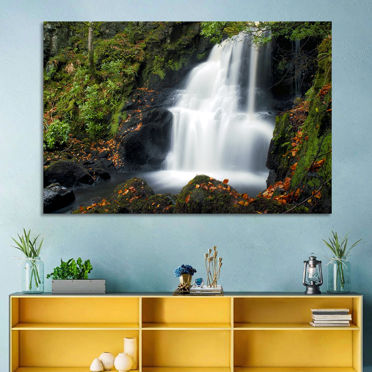 Autumn Waterfall in Tobermory Wall Art in a room, landscape